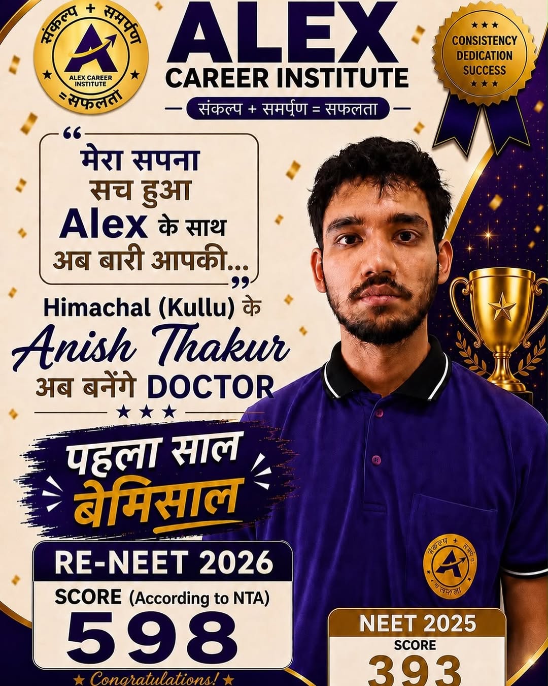 Anish Thakur — RE-NEET 2026 result, ALEX Career Institute