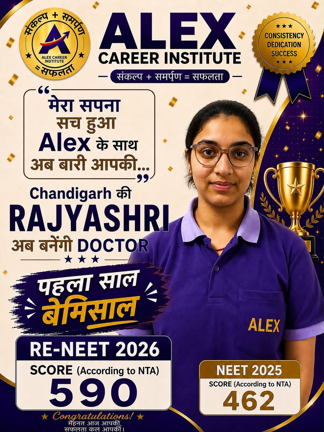 Rajyashri Chepuri — RE-NEET 2026 result, ALEX Career Institute